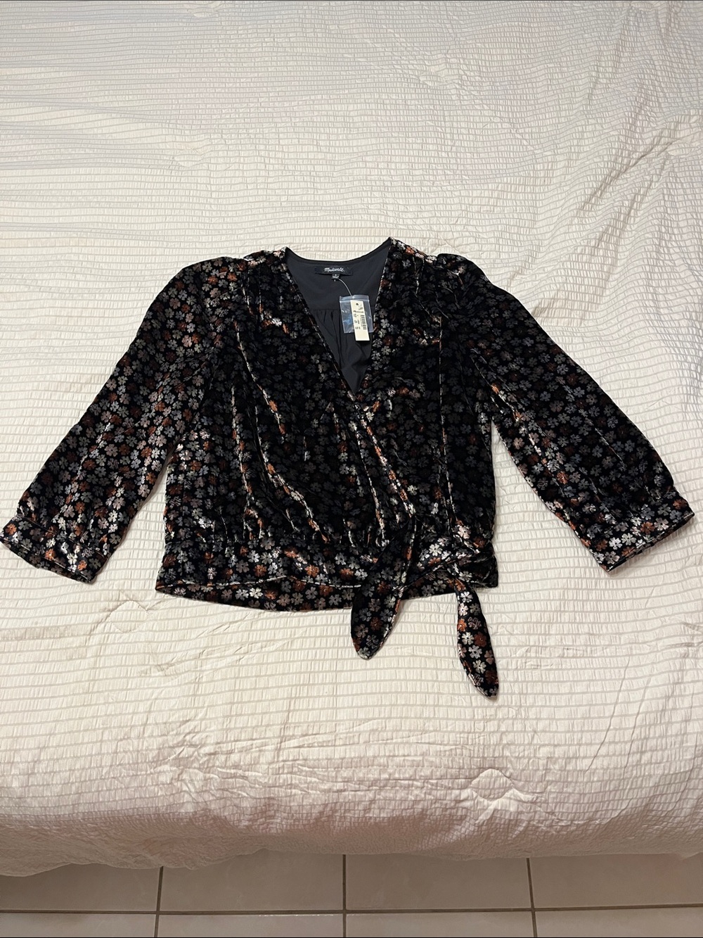 Madewell Black Velvet Floral Wrap Top with Metallic Accents